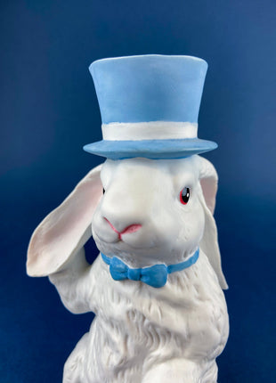 Bunny Shaped Vase. White Porcelain Rabbit Wearing Blue Top Hat and Bow Tie. Children's Room Decor. Easter/Spring Celebration.