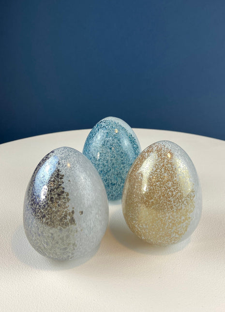 Art Glass Eggs. 3.5" Easter Eggs. Set of Three Spotted Eggs in Gold, Steel, and Blue. Unusual, Minimalist Easter Decor. Cottagecore Living