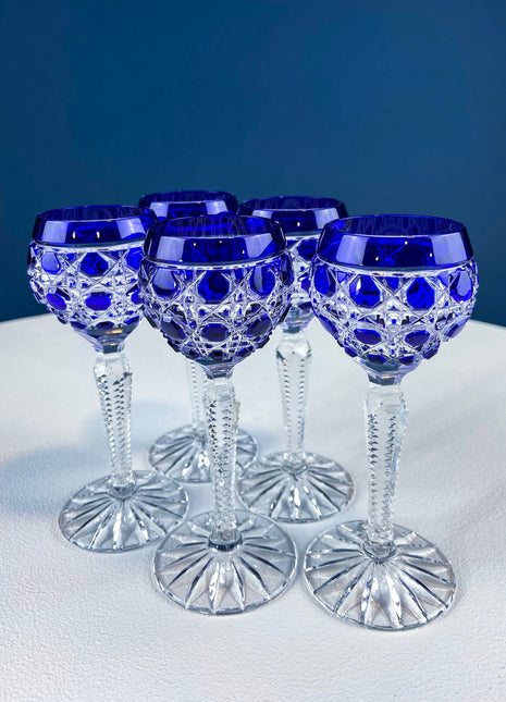 Bohemian Crystal Sweet Wine or Cordial Glasses. Set of Five Saffire to Clear Cut Crystal Stemware. Look Like Jewels. Luxury Living.