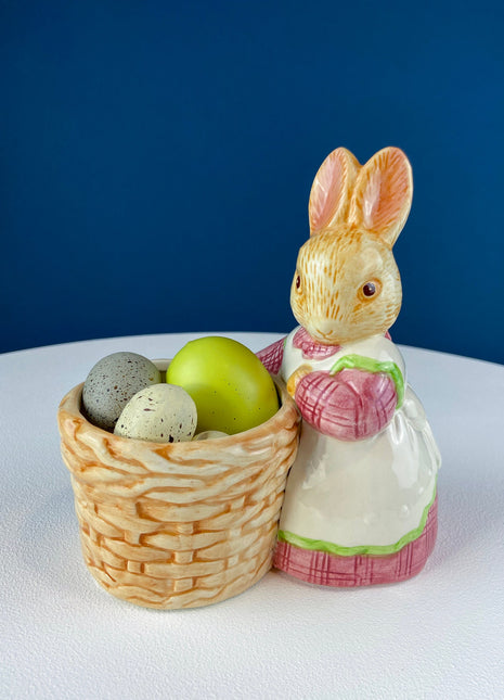 Porcelain Mom Bunny Figurine. Hand-Painted Girl Rabbit Wearing Apron and Carrying Basket. Vintage Easter Display. Kids Room.