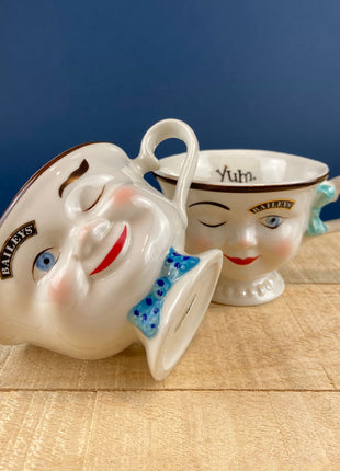 Bailey's Winking Face Sugar Bowl . Boy with Blue Bow Tie Cup. Yum Collectible Creamer. Limited Edition.