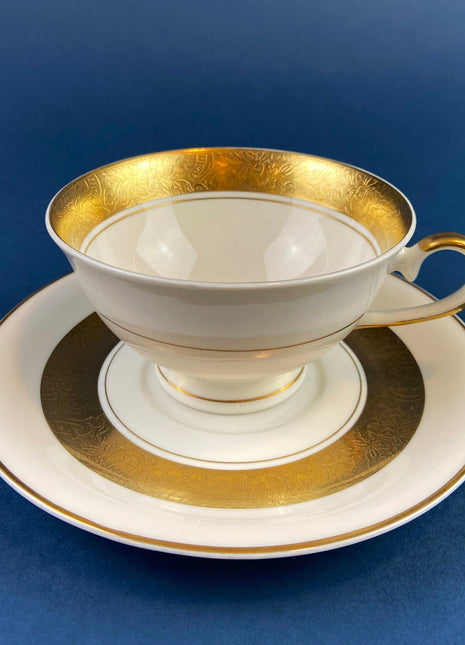 Cream Colored Porcelain Cup and Saucer with Thick Gold Band. Antique Royal Jackson Tea Set. Beautiful Relief Detail. Cottagecore Living.