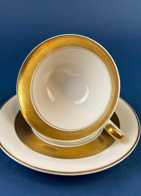 Cream Colored Porcelain Cup and Saucer with Thick Gold Band. Antique Royal Jackson Tea Set. Beautiful Relief Detail. Cottagecore Living.