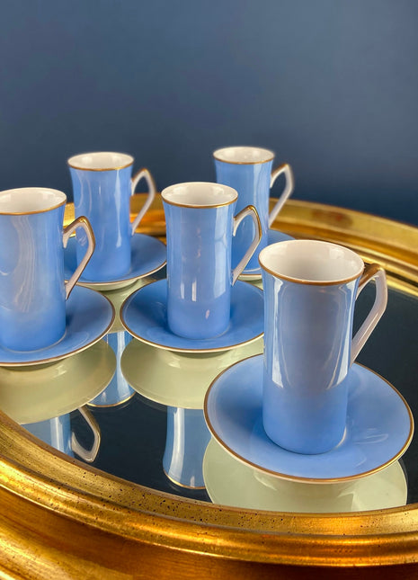 Blue and Gold Hot Chocolate or Espresso Cups and Saucers. Set of 5 Slim, Minimal, Modern Cups. Cottagecore Living. Gift for Mom or Dad.