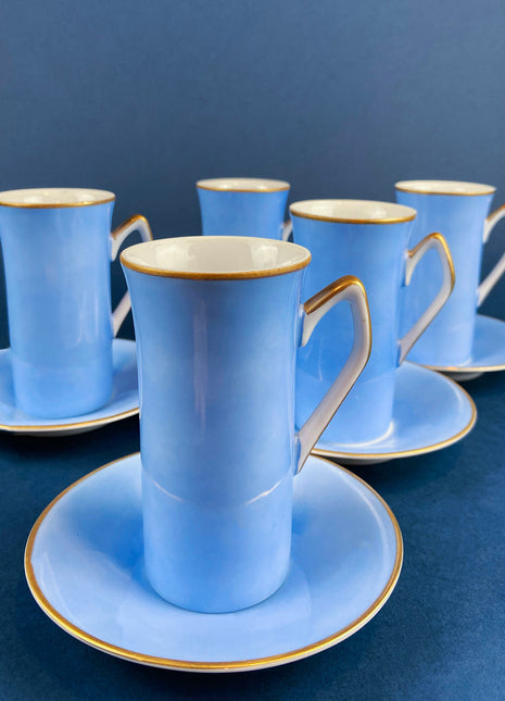 Blue and Gold Hot Chocolate or Espresso Cups and Saucers. Set of 5 Slim, Minimal, Modern Cups. Cottagecore Living. Gift for Mom or Dad.
