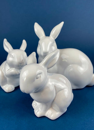 White Porcelain, Minimal Bunnies. Mom Rabbit with Two Babies. Set of Three Figurines. Mom has Gold Lined Ears. Kids Room Decor. EasterDecor