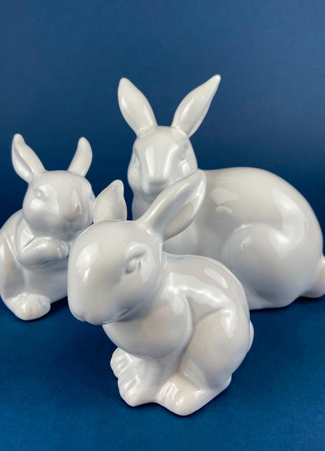 White Porcelain, Minimal Bunnies. Mom Rabbit with Two Babies. Set of Three Figurines. Mom has Gold Lined Ears. Kids Room Decor. EasterDecor