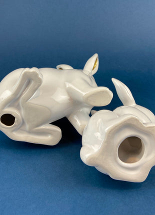 White Porcelain, Minimal Bunnies. Mom Rabbit with Two Babies. Set of Three Figurines. Mom has Gold Lined Ears. Kids Room Decor. EasterDecor