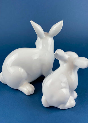 White Porcelain, Minimal Bunnies. Mom Rabbit with Two Babies. Set of Three Figurines. Mom has Gold Lined Ears. Kids Room Decor. EasterDecor
