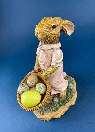 Chrisdon Brown Rabbit Figurine with Basket. Highly Collectible Girl Bunny in Pink Dress Carrying Basket. Easter Spring Display. Kids Room.