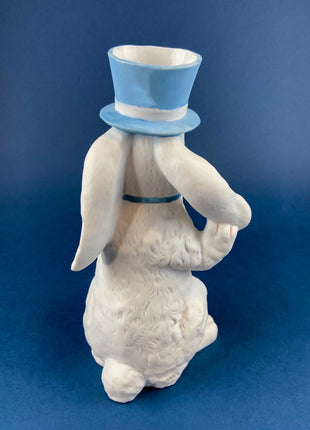 Bunny Shaped Vase. White Porcelain Rabbit Wearing Blue Top Hat and Bow Tie. Children's Room Decor. Easter/Spring Celebration.