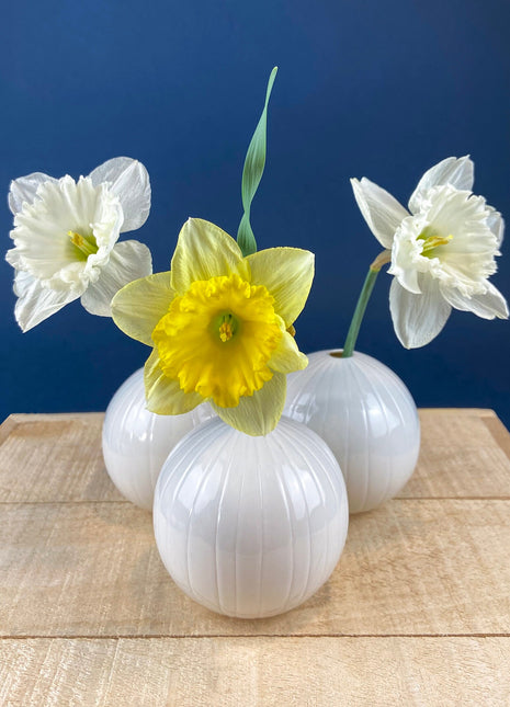White, Porcelain Modern Vases. Set of Three Sperical Vases with Small Mouths and Fluting. Perfect for Breakfast Tray. Minimal Home Decor.