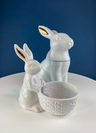 White Porcelain, Minimal Bunnies. Mom Rabbit with Two Babies. Set of Three Figurines. Mom has Gold Lined Ears. Kids Room Decor. EasterDecor