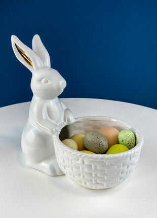 White Porcelain, Minimal Bunnies. Mom Rabbit with Two Babies. Set of Three Figurines. Mom has Gold Lined Ears. Kids Room Decor. EasterDecor