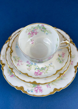 Antique Limoges Trio Tea Set. Floral Motif: Forget-me-nots, Honey Suckle, Roses. Rare Find. French Country Living. Luxurious Dining.