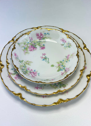 Antique Limoges 2 Berry Bowl Trios. 2 Small Serving Bowls, Salad & Dessert Plates. Hand-Painted Florals. French Country Living. Rare Find.