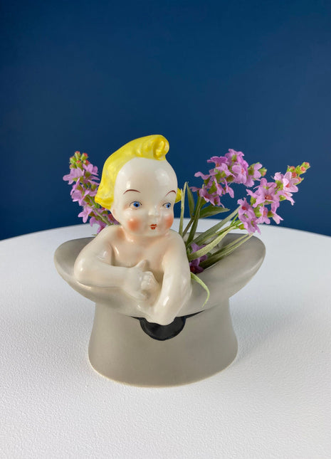 Vintage Blonde Baby in Top Hat. Small Planter, Collectible Figurine, Matchstick, Q-tip Holder. Royal Crown Germany. Funny Baby Shower Gift.