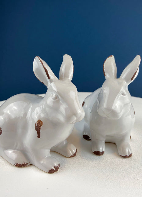 Pottery Bunny Rabbit Figurines with Brown Patches