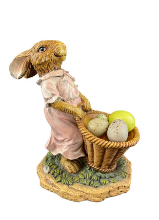 Chrisdon Brown Rabbit Figurine with Basket. Highly Collectible Girl Bunny in Pink Dress Carrying Basket. Easter Spring Display. Kids Room.