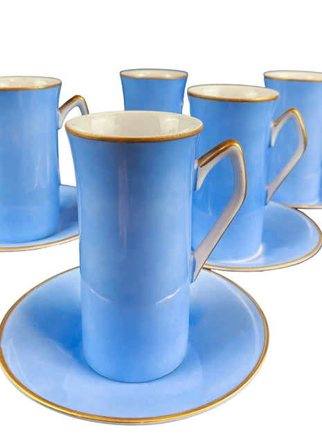 Blue and Gold Hot Chocolate or Espresso Cups and Saucers. Set of 5 Slim, Minimal, Modern Cups. Cottagecore Living. Gift for Mom or Dad.