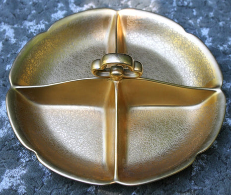 Pickard Divided Bowl with Center Holder.  Dish with Embosssed Rose and Daisy Pattern over AOG.  All Over 24 Karat Gold by Pickard Studio.