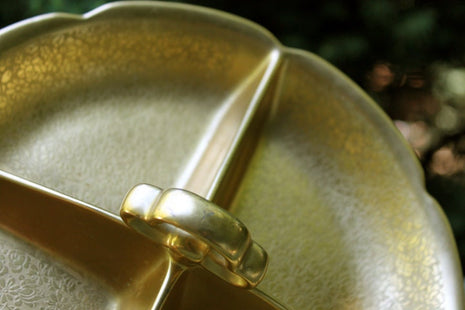 Pickard Divided Bowl with Center Holder.  Dish with Embosssed Rose and Daisy Pattern over AOG.  All Over 24 Karat Gold by Pickard Studio.