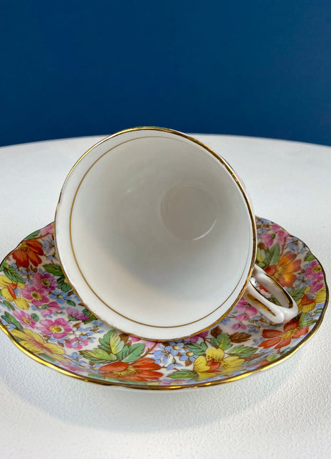 Colorful Tuscan Cup & Saucer. Hand-Painted Flower Motif. Vintage Breakfast Tea Set. Garden Tea Party. Gift for Mom, Tea Connoisseur.