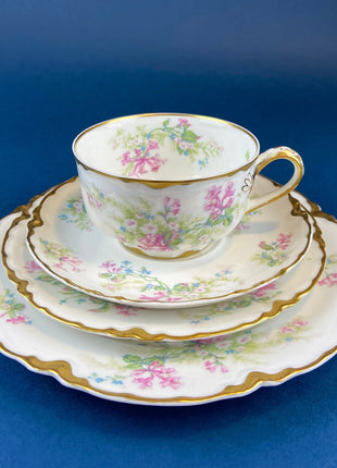 Antique Limoges Trio Tea Set. Floral Motif: Forget-me-nots, Honey Suckle, Roses. Rare Find. French Country Living. Luxurious Dining.