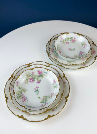 Antique Limoges 2 Berry Bowl Trios. 2 Small Serving Bowls, Salad & Dessert Plates. Hand-Painted Florals. French Country Living. Rare Find.