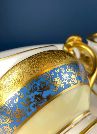 Antique Hutschenreuther Sugar Jar and Creamer. Gold, Blue, Yellow and White Dishes. Stunning Detail.  Fine Dining, 1920s.