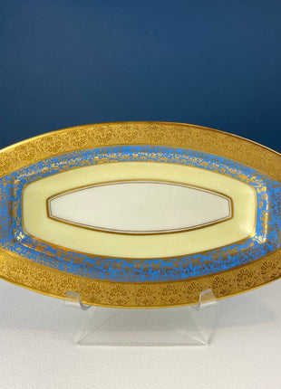 Antique Hutschenreuther Serving Platter. Gold, Blue, Yellow and White Oblong Porcelain Serving Plate. Stunning Detail. Fine Dining, 1920s.