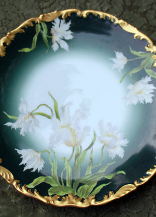 Limoges Decorative Plate.  Green Background, Hand Painted Peony, Scalloped Golden Edge.
