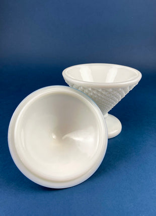 Milk Glass Bowl with Lid. Diamond Pattern, Cone Shaped Bowl with Cover. Trinket Compote for Dresser Top, Bathroom Accesories, Candy Dish.