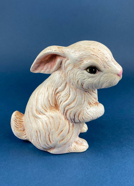 Bunny Figurine. Sitting Bunny for Easter Home Decor. Animal Pottery Statue. Gift for Bunnies Collectors. White Beige and Pink Bunny.