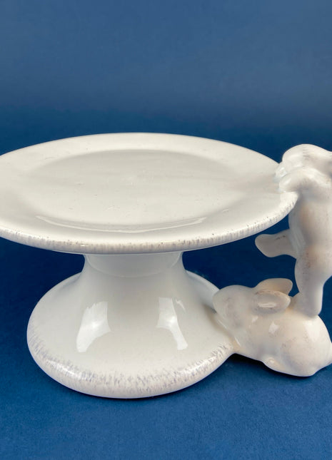White Porcelain, Cupcake Sized Stand. Climbing Bunnies Detail. Rabbit Themed Table Accessories. Candy Dish, Candle Holder, Modern Farmhouse.