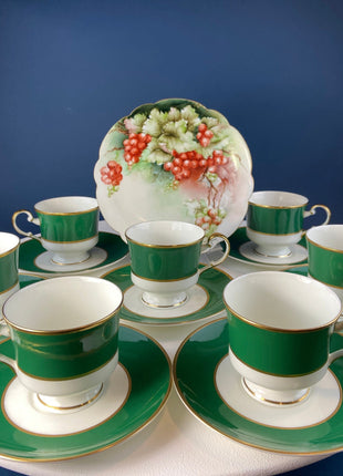Coffee or Tea Serving Set with Antique Dessert Plate. Set of 8 Cups & Saucers. Ming Green Fine China by Mikasa. Lodge, Cabin, or Library.