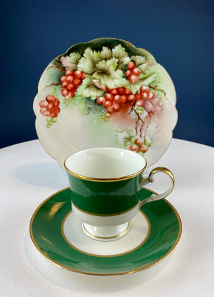 Coffee or Tea Serving Set with Antique Dessert Plate. Set of 8 Cups & Saucers. Ming Green Fine China by Mikasa. Lodge, Cabin, or Library.