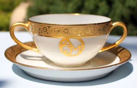 Hutschenreuther Soup Cup or Bowl with Saucer.  Soup Bowl with AJM Initials in Front.