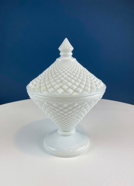 Milk Glass Bowl with Lid. Diamond Pattern, Cone Shaped Bowl with Cover. Trinket Compote for Dresser Top, Bathroom Accesories, Candy Dish.