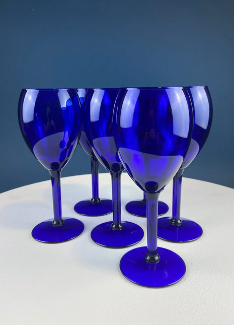 Cobalt Blue Wine Glasses. Set of Six Stemware. Dark Blue Modern Glasses. Holiday Celebration.