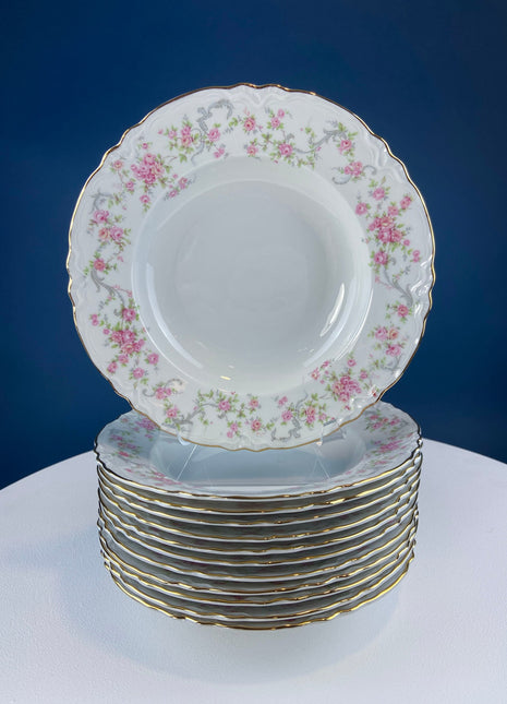 Antique Hutschenreuther Porcelain Soup Plates. Set of 12, Richelieu Rose Garlands Motif. Wedding Gift Idea. Fine Dining. Modern Farmhouse