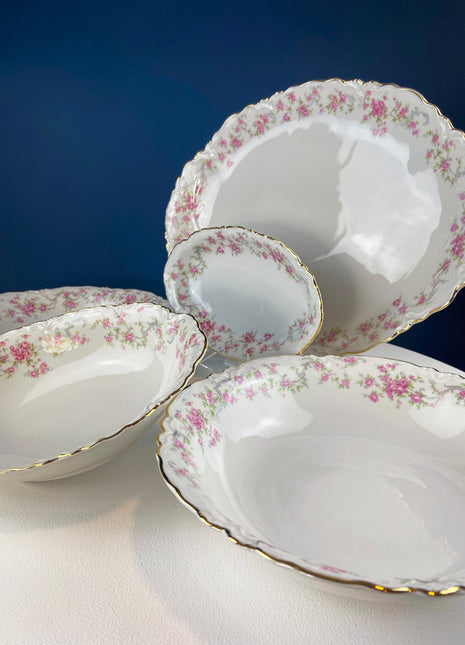 Antique Hutschenreuter Porcelain Serving Dishes. Set of Five Platters and Bowls with Pink Rose Garlands Motif. Wedding Gift Idea.
