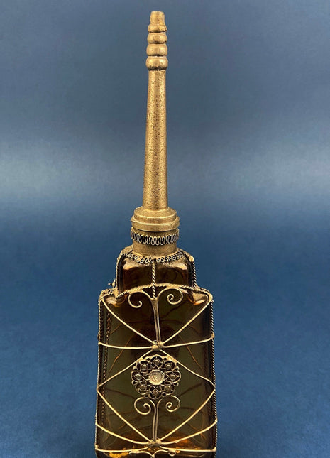 Antique Glass Rosewater Sprinkler with Metal Wire Filigri. Amber Colored Perfume/Fragrance/ Oil Dispenser. Middle Eastern Collectibles.