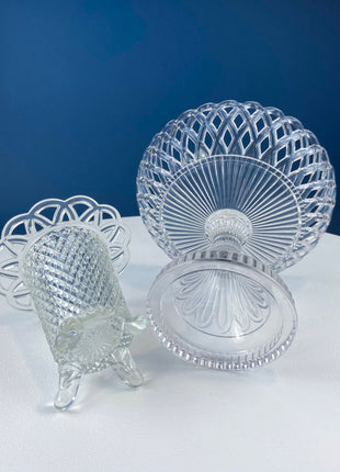 Vintage Collection of Stunning Clear Glass Serving Dishes: Cake Stand, Footed Fruit Bowl, and Vase. Reticulated Brims. All Can be Stacked.