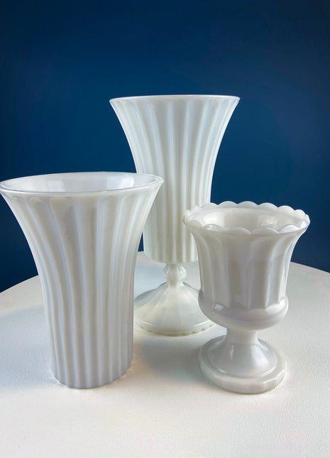 Set of Three, Fluted Milk Glass Vases. Collection of White, Modern Style Vases of Varying Shapes and Sizes. Wedding Decor. White Home Decor