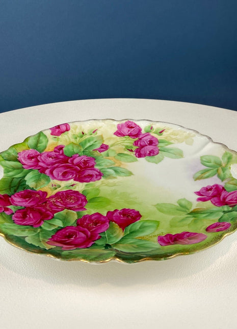 Antique Hand Painted Red Roses Serving or Decorative Plate. Luxurious Dining or Collectible Display. French Country Living. Wedding Gift.