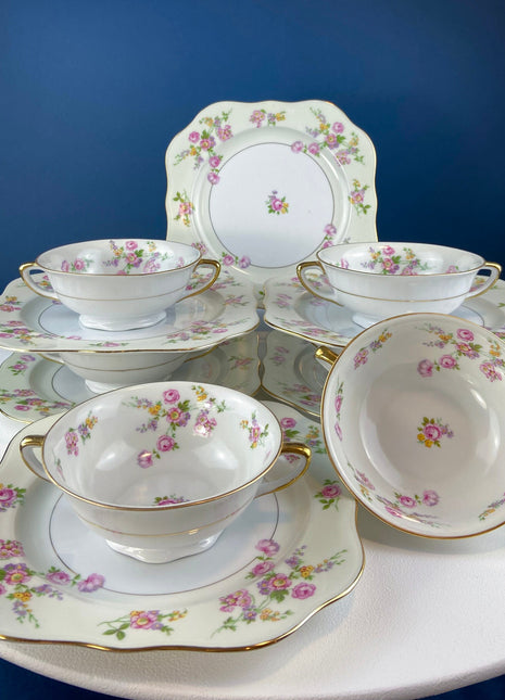 Antique Porcelain Bullion Bowls with Matching Square, 8.5" Dinner Plates. Set of 6. Flower Garlands, Sylvia by F&B Baronet China, Bohemia.