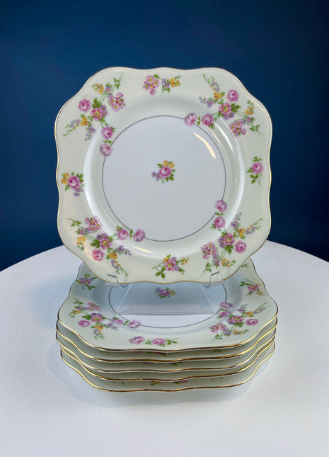 Antique Porcelain Bullion Bowls with Matching Square, 8.5" Dinner Plates. Set of 6. Flower Garlands, Sylvia by F&B Baronet China, Bohemia.
