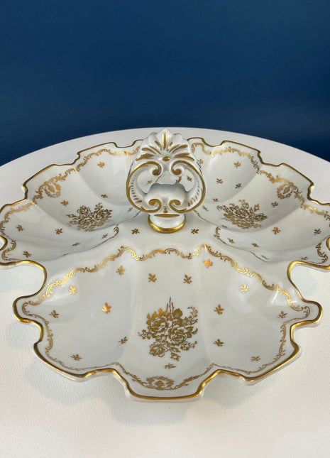 Limoges Porcelain Divided Bowl with Handle - Scalloped Rim & Gilded