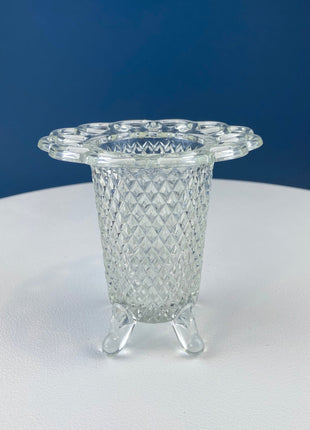Vintage Collection of Stunning Clear Glass Serving Dishes: Cake Stand, Footed Fruit Bowl, and Vase. Reticulated Brims. All Can be Stacked.